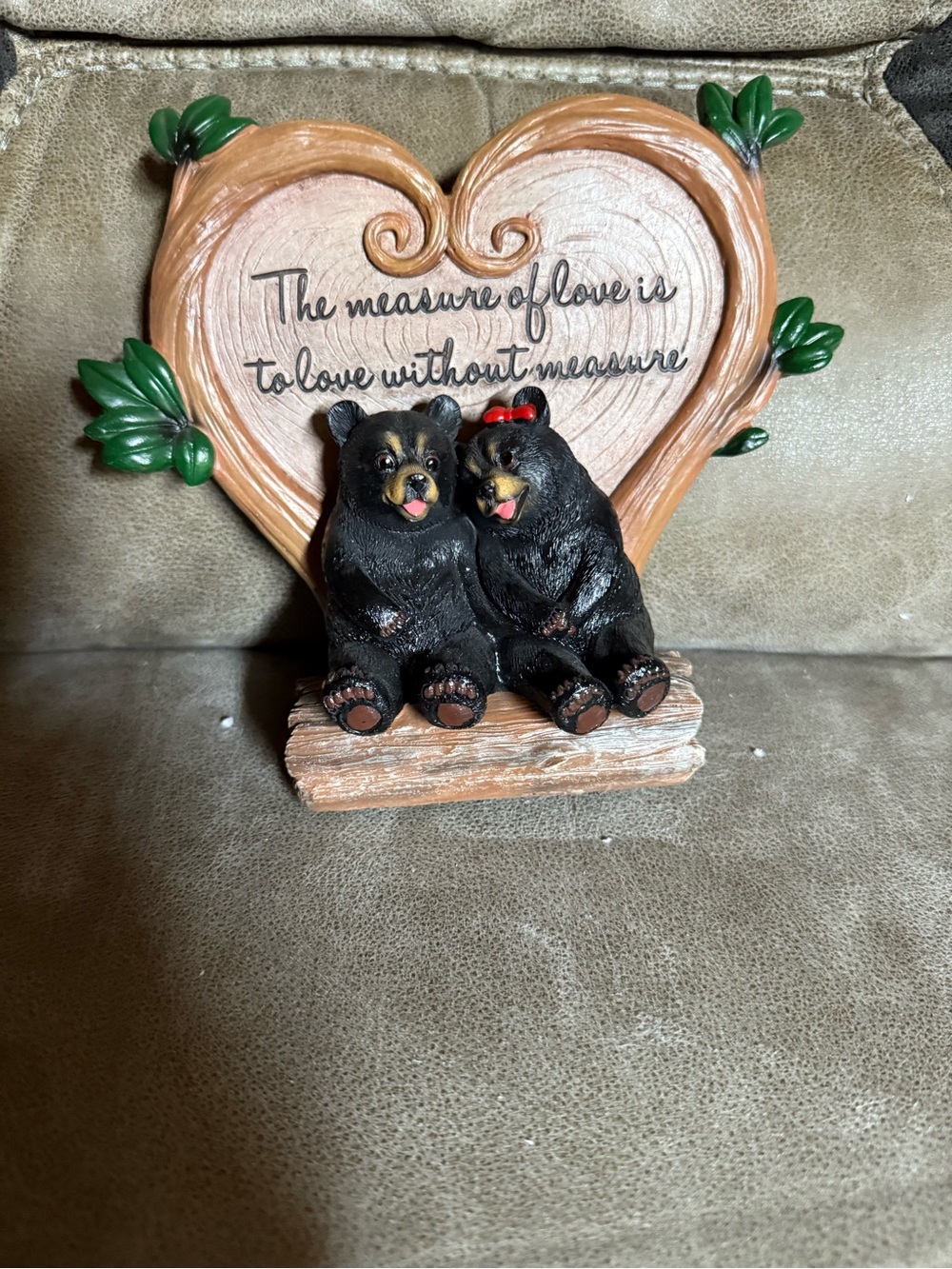 Heart Plaque with Two Black Bear Figurines - Love Quote